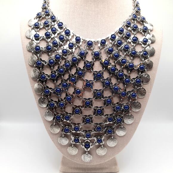 Chico's Blue Cabochon Bib Necklace, New With Tags, Silver Tone, 24" - Picture 9 of 12